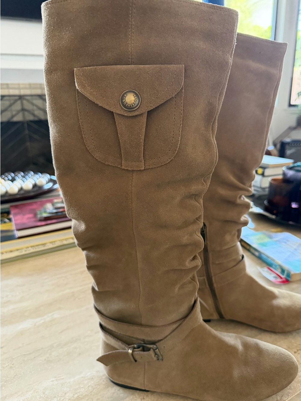 BCBGeneration Tan Suede Knee Length Boots with Pocket Accent and Low Heel